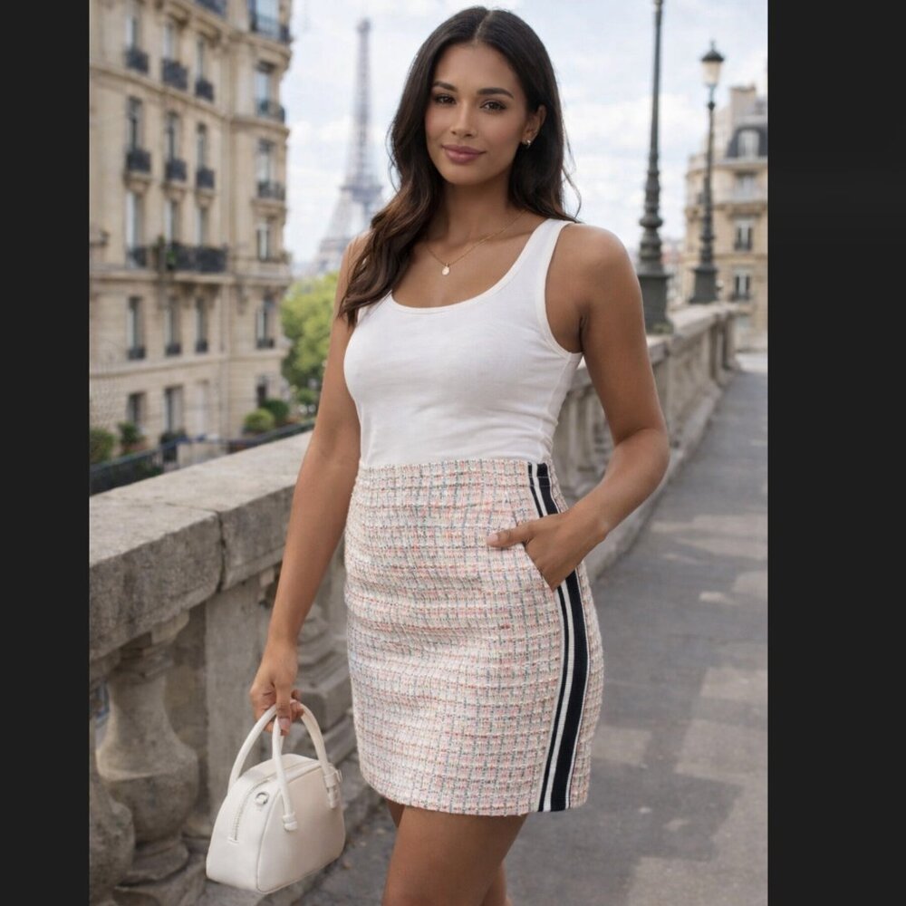 Anthro Maeve Tweed Mini Skirt 4P Petite Peach Pink Racing Stripe Pockets NWT